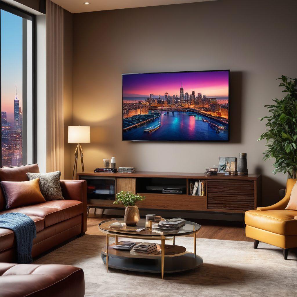 A modern living room scene featuring a large flat-screen TV displaying trending shows and ratings. In the foreground, a stylish coffee table with popcorn, remote controls, and magazine covers featuring celebrities. The ambiance is cozy with soft lighting and a window showing a city skyline in the background. Capture the excitement of watching the latest TV trends with vibrant colors and a dynamic composition. super-realistic. vibrant colors. cozy atmosphere.