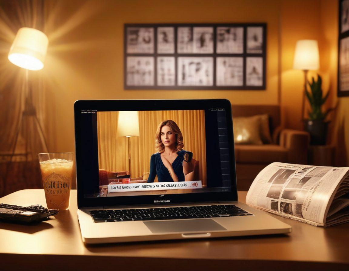 A glamorous television set bathed in warm, golden spotlight, featuring famous celebrity silhouettes and vibrant TV ratings graphs in the background. In the foreground, a stylish laptop with an open blog page titled 'Inside the Spotlight,' surrounded by sparkling gossip magazines. The overall atmosphere is lively and captivating, inviting readers into the world of celebrity culture. super-realistic. vibrant colors. cinematic lighting.